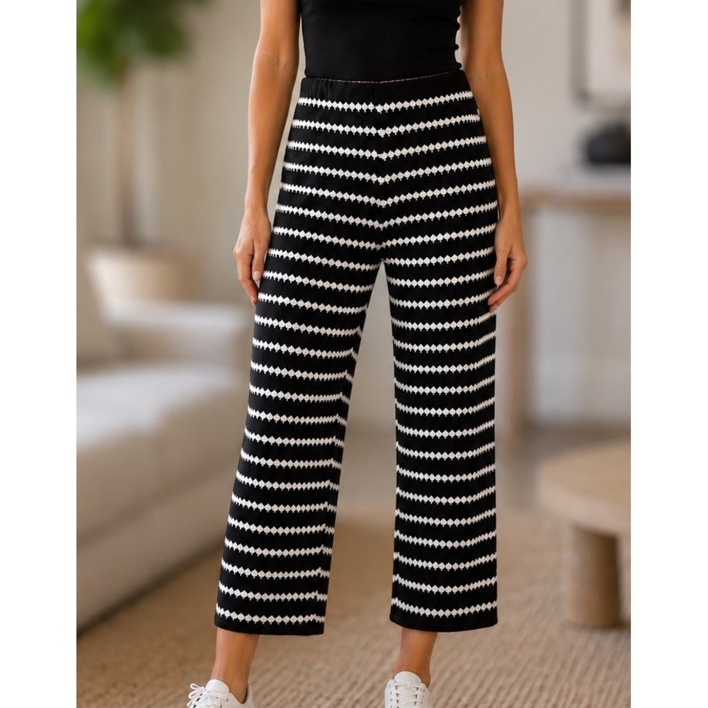 A New Day Women XL Black Cream Stripe Ribbed Sweater Wide Leg Pants NWT